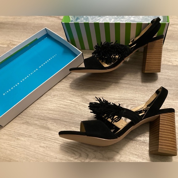 NWB C Wonder Gabrielle Black Slingback Heels Sandals Leather Suede Fringe Sz 8 - Picture 3 of 16